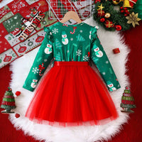 Girls Green Christmas Theme Printed Fit & Flare Dress Casual Dresses