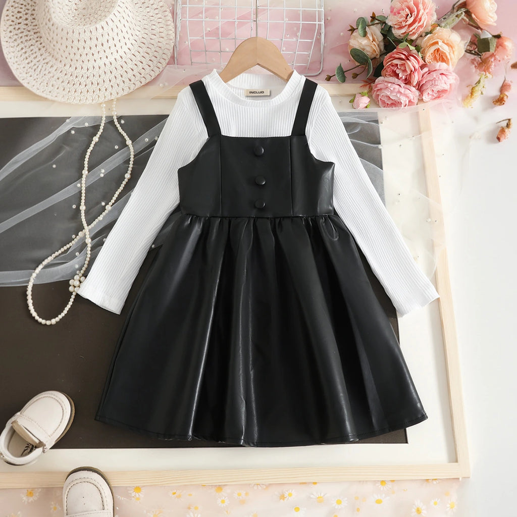 Girls Black Faux Leather Pinafore Dress With Long Sleeves T-Shirt Casual Dresses Black 2-3 Y