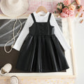 Girls Black Faux Leather Pinafore Dress With Long Sleeves T-Shirt Casual Dresses Black 2-3 Y