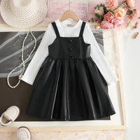 Girls Black Faux Leather Pinafore Dress With Long Sleeves T-Shirt Casual Dresses Black 2-3 Y