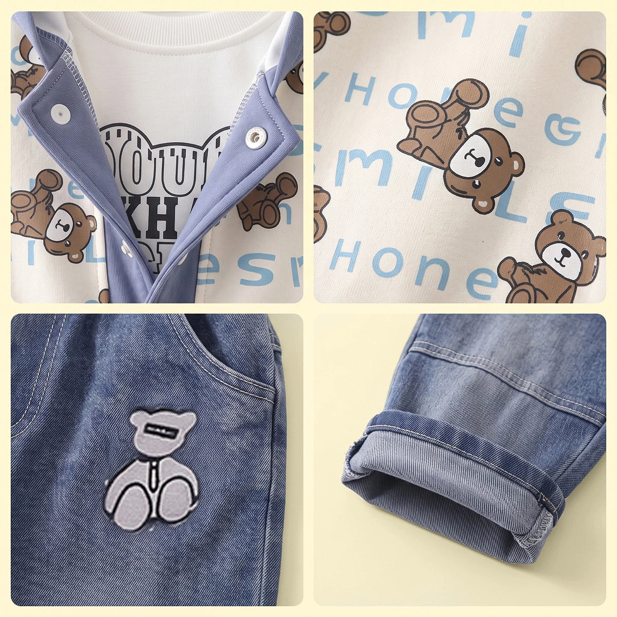 Boys Blue Typographic Hooded Jacket & T-Shirt With Denim Pants Sets Sets