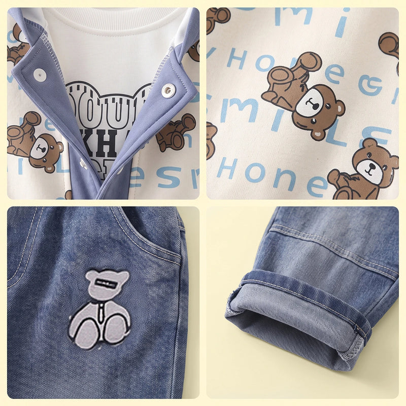 Boys Blue Typographic Hooded Jacket & T-Shirt With Denim Pants Sets Sets