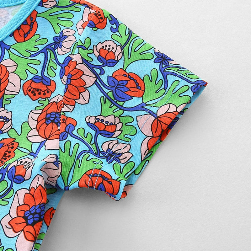 Girls Short Sleeve Floral Print Knee Length Dress Casual Dresses   