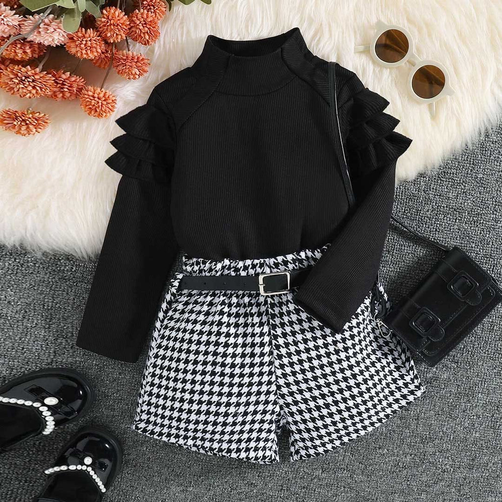 Girls Long Sleeve High Neck Top With Houndstooth Shorts Set