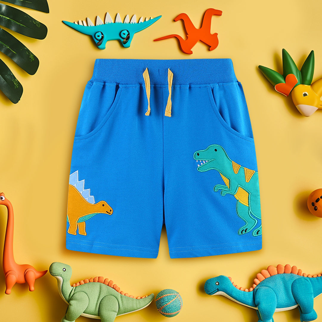 Boys Dinosaur Embroidery Rib Waist Shorts Shorts Royal Blue 1-2 Y 