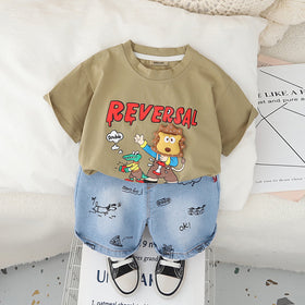 Boys Khaki Graphic Short Sleeves T-Shirt With Printed Denim Shorts Set 2 pc. Sets Khaki 1-2 Y