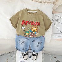 Boys Khaki Graphic Short Sleeves T-Shirt With Printed Denim Shorts Set 2 pc. Sets Khaki 1-2 Y