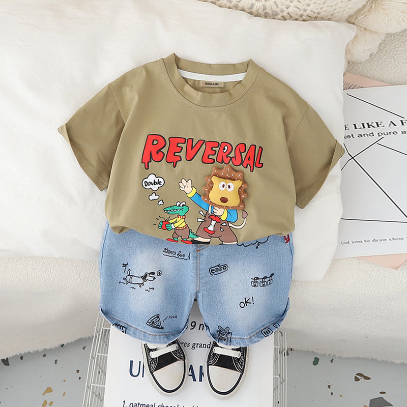 Boys Khaki Graphic Short Sleeves T-Shirt With Printed Denim Shorts Set 2 pc. Sets Khaki 1-2 Y