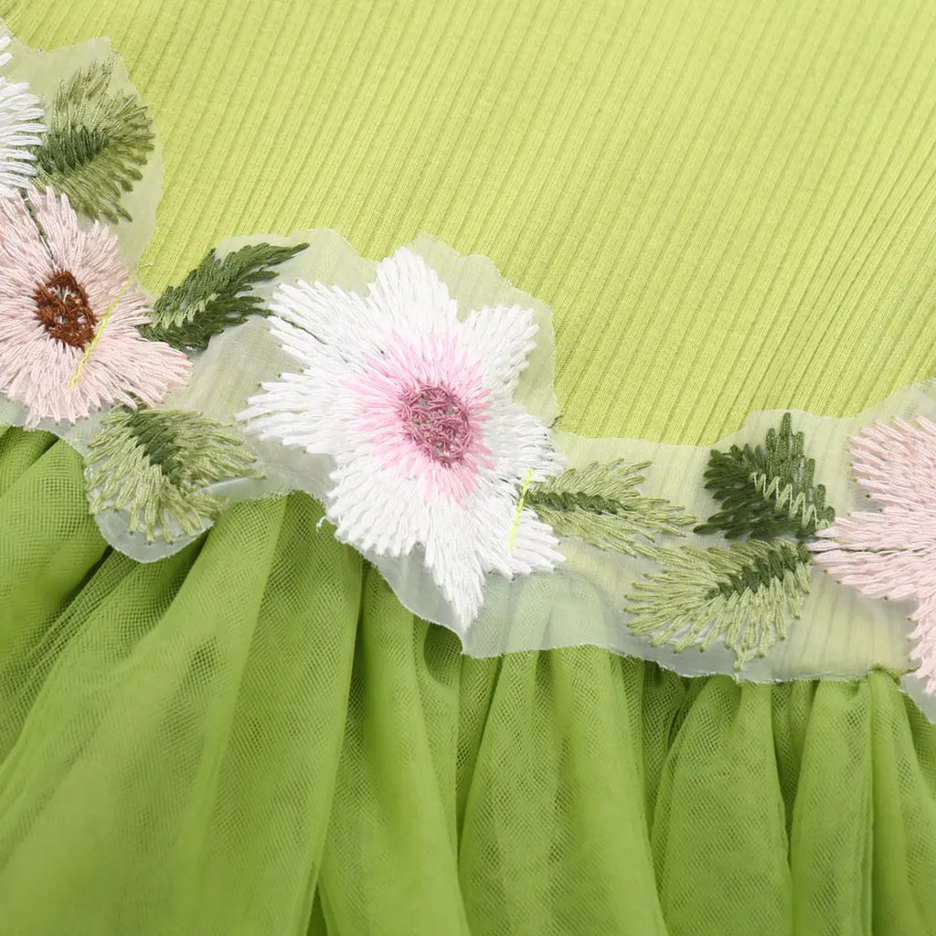 Girls Green Flutter Sleeves Fit & Flare Dress With Embroidered Waistline Casual Dresses