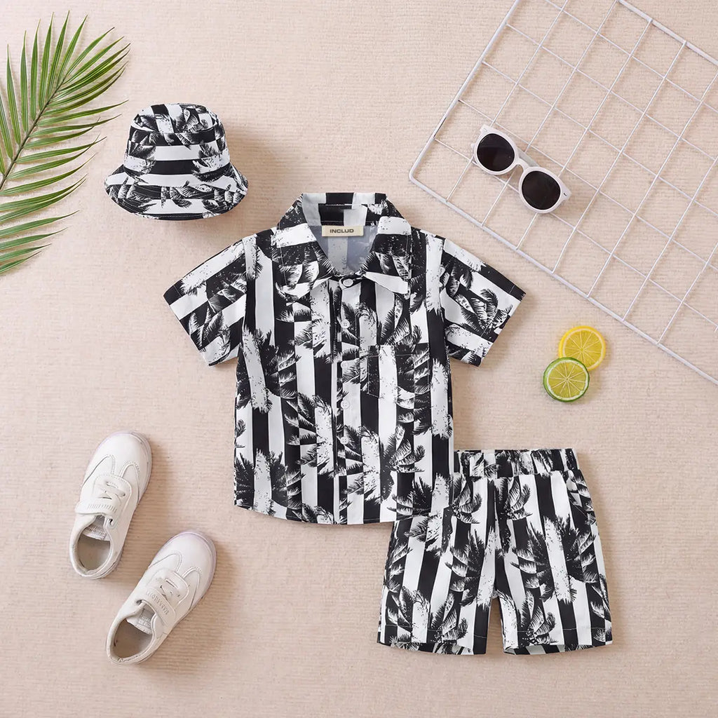 Boys Black Tropical Print Button-Down Shirt With Shorts & Hat Co-ord Sets Sets Black 2-3 Y