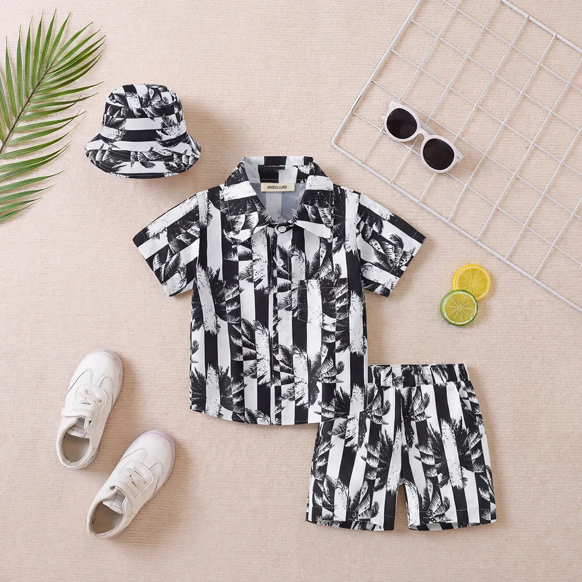Boys Black Tropical Print Button-Down Shirt With Shorts & Hat Co-ord Sets Sets Black 2-3 Y