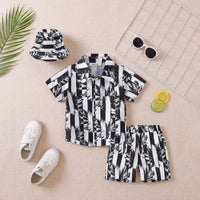 Boys Black Tropical Print Button-Down Shirt With Shorts & Hat Co-ord Sets Sets Black 2-3 Y