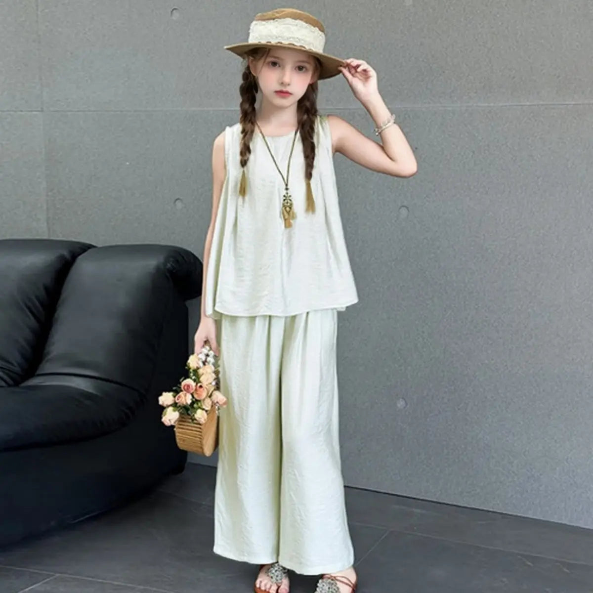 Girls Beige Sleeveless A-line Top With Pants Co-ord Sets Sets