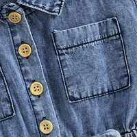 Girls Blue Denim Button Front Short Sleeve Romper With Bow Detail Playsuits