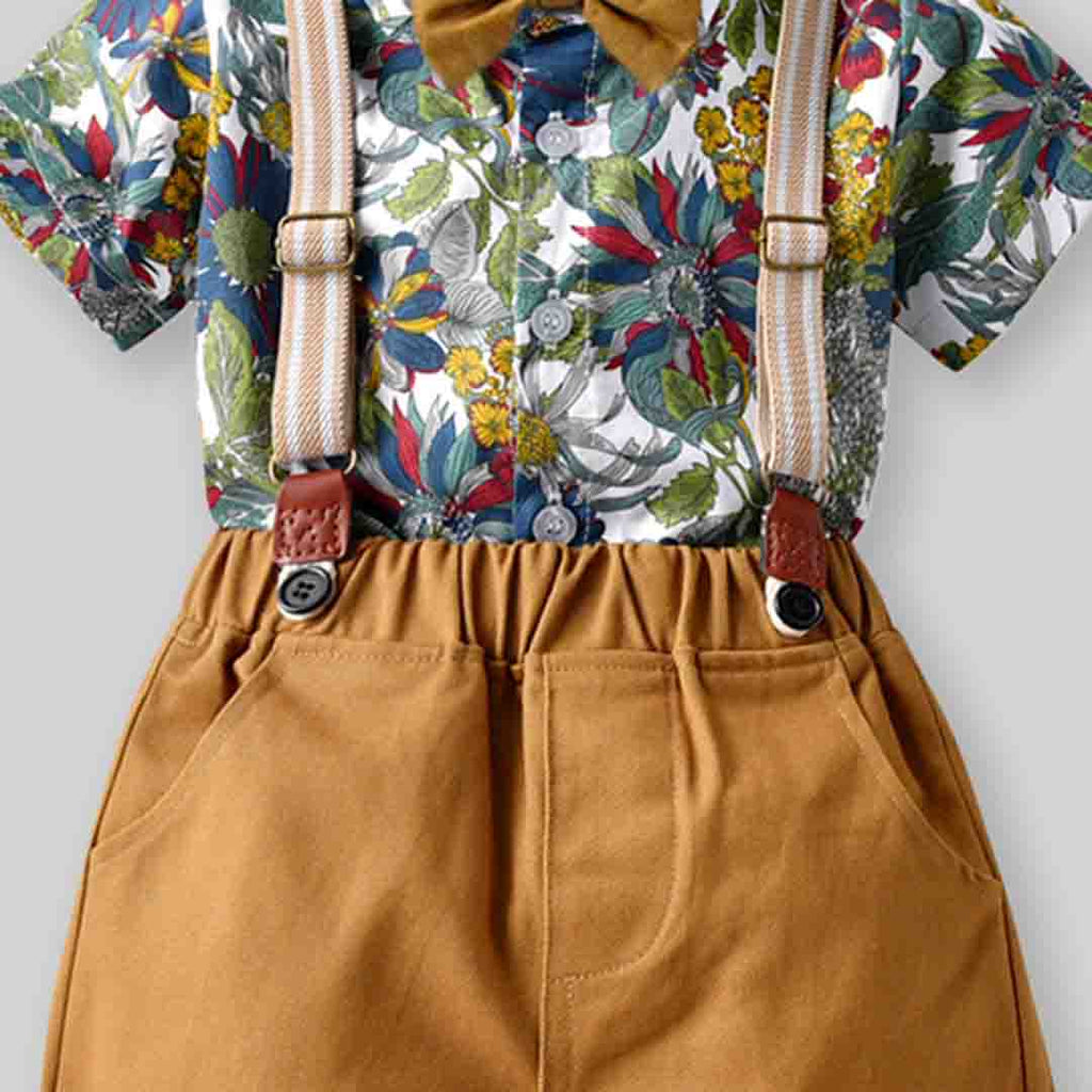 Boys Floral Print Shirt with Bow & Suspender Shorts Set 2 pc. Sets   
