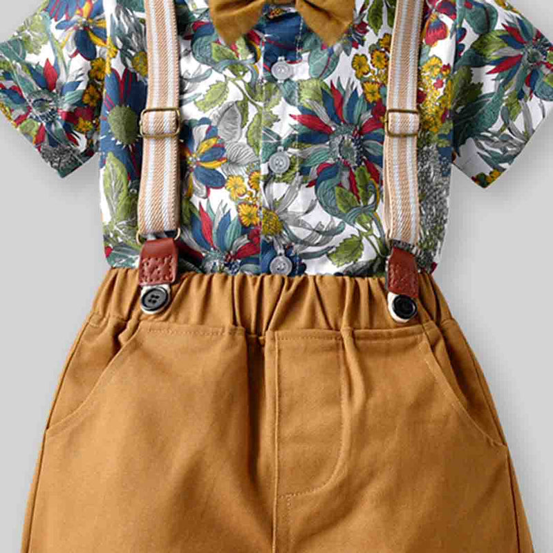 Boys Floral Print Shirt with Bow & Suspender Shorts Set 2 pc. Sets   