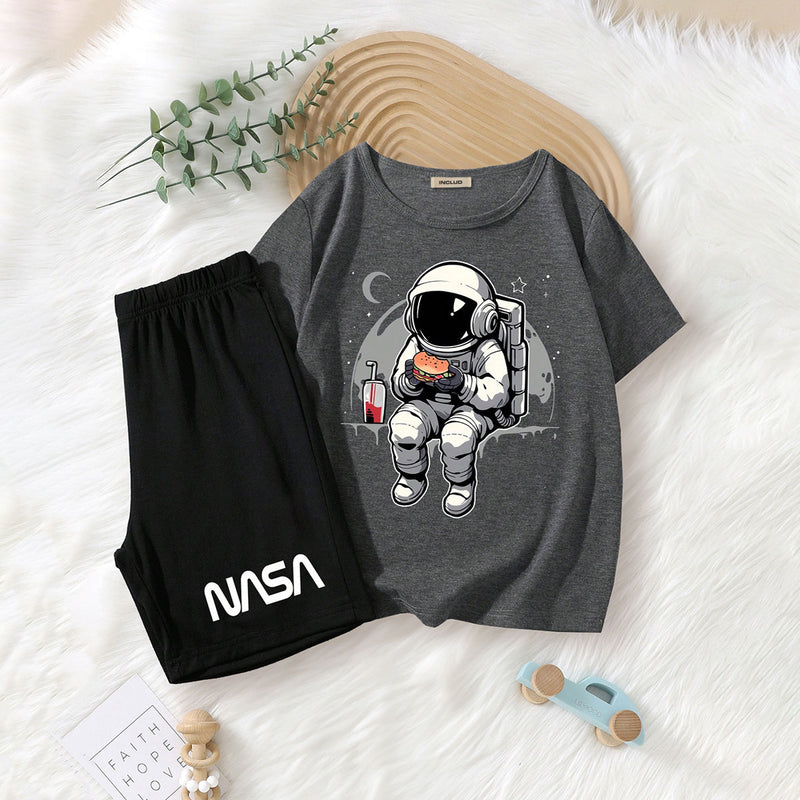 Boys Dark Grey Astronaut Printed T-Shirt With Shorts Set 2 pc. Sets Dark Grey 7-8 Y