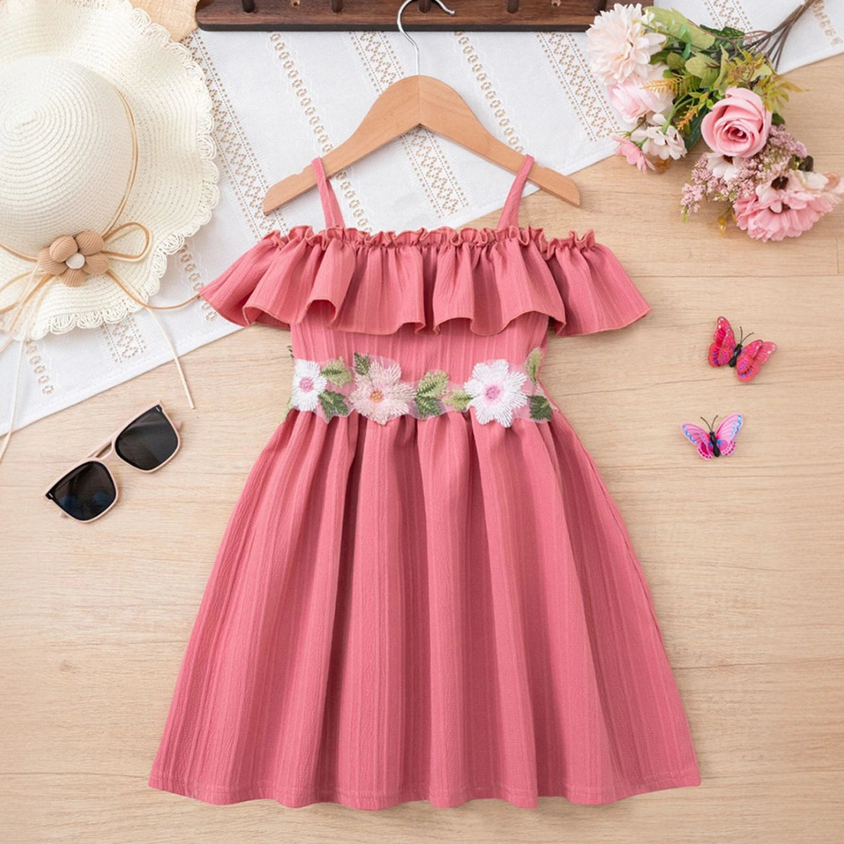 Girls Pink Off Shoulder Fit & Flare Dress With Embroidered Waistline Casual Dresses Pink 1-2 Y