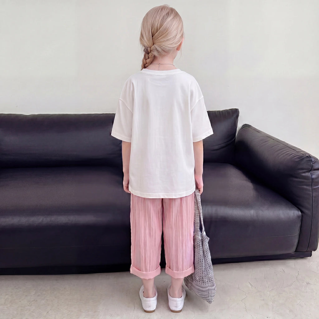 Girls Pink Short Sleeve Bow Print T-Shirt With Pants Sets 2 pc. Sets