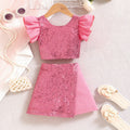 Girls Pink Sequins Embellished Flutter Sleeve Top With Shorts Sets 2 pc. Sets Pink 3-4 Y