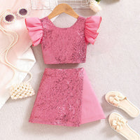 Girls Pink Sequins Embellished Flutter Sleeve Top With Shorts Sets 2 pc. Sets Pink 3-4 Y