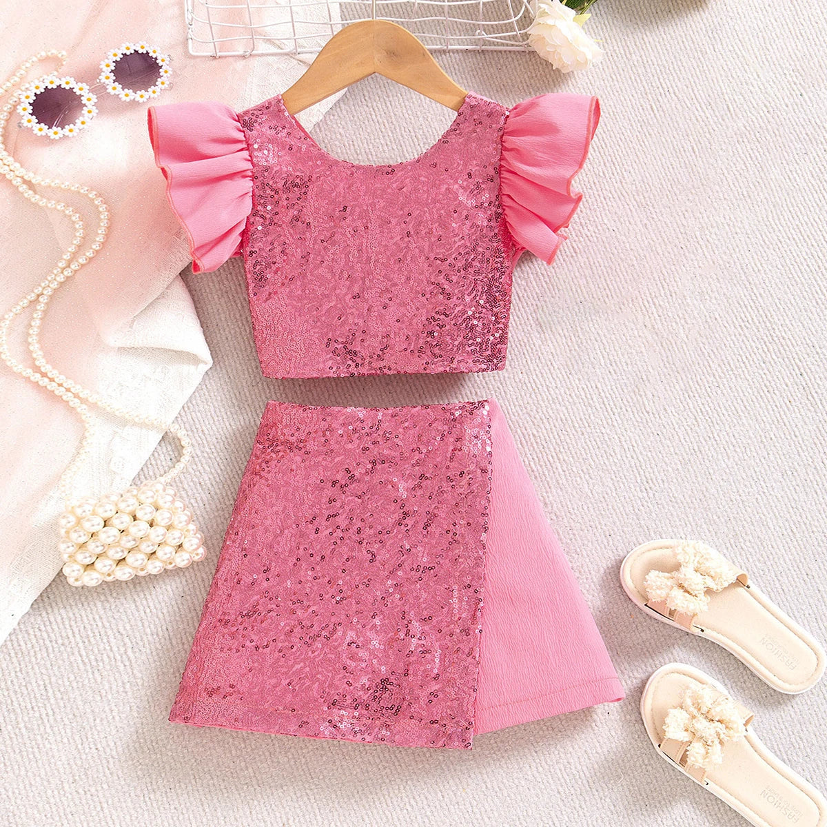 Girls Pink Sequins Embellished Flutter Sleeve Top With Shorts Sets 2 pc. Sets Pink 3-4 Y