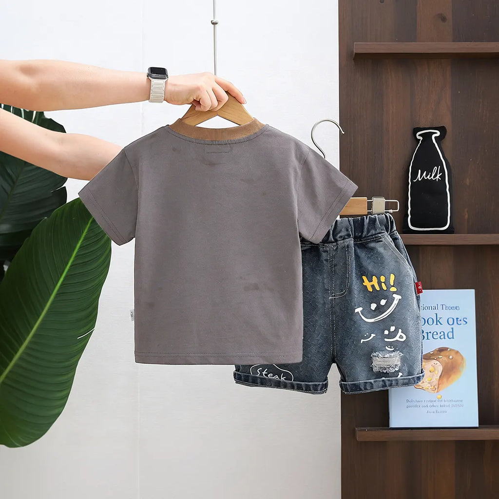 Boys Grey Typographic Print T-Shirt With Distressed Denim Shorts Set Sets