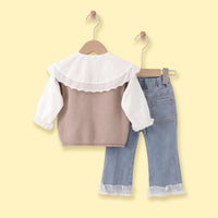 Girls Khaki Jacquard Sweater vest With Top And Denim Pants Sets 3 pc. Sets
