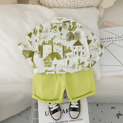 Boys Abstract Printed Short Sleeves Shirt With Green Shorts Set 2 pc. Sets
