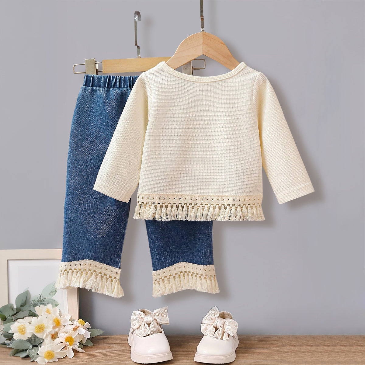 Girls Apricot Knitted Long Sleeves Top With Denim Pants Set 2 pc. Sets