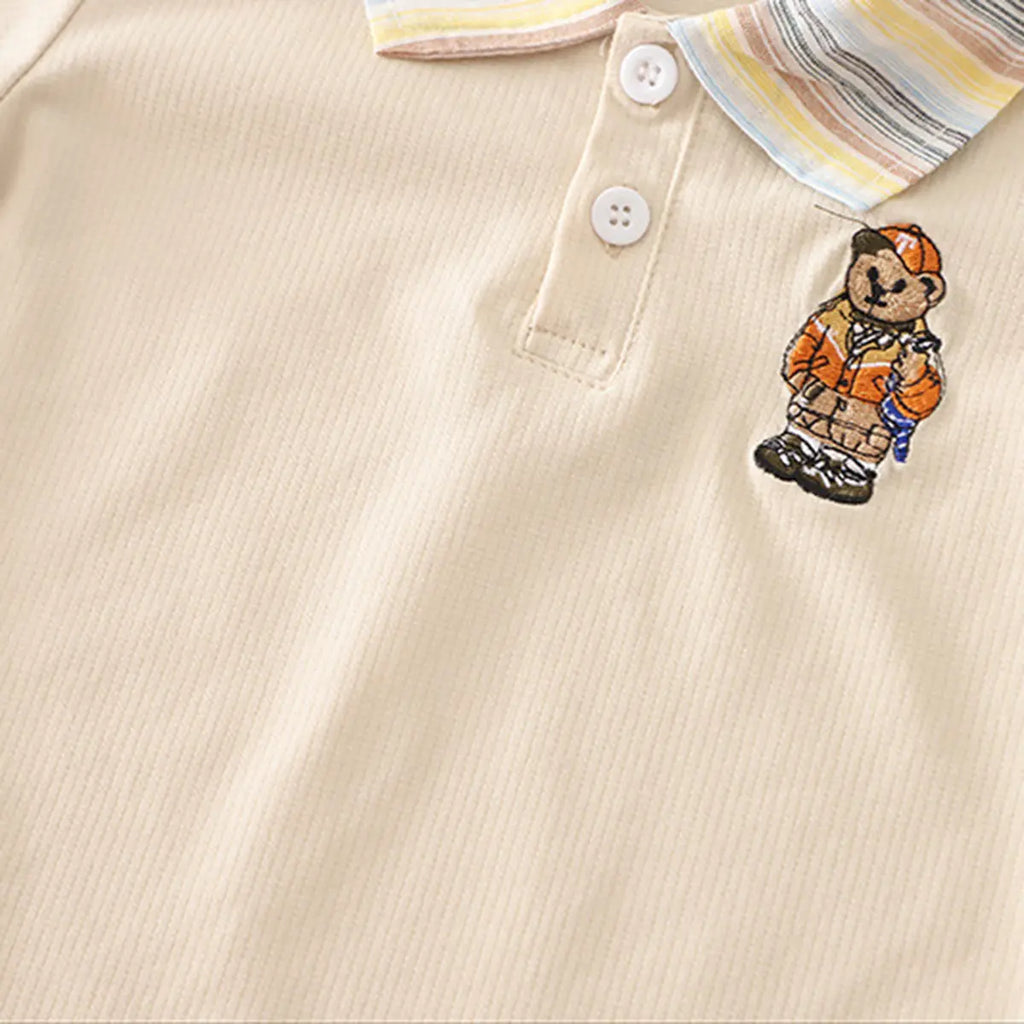 Boys Beige Bear Graphic Polo T-Shirt With Denim Shorts Sets 2 pc. Sets