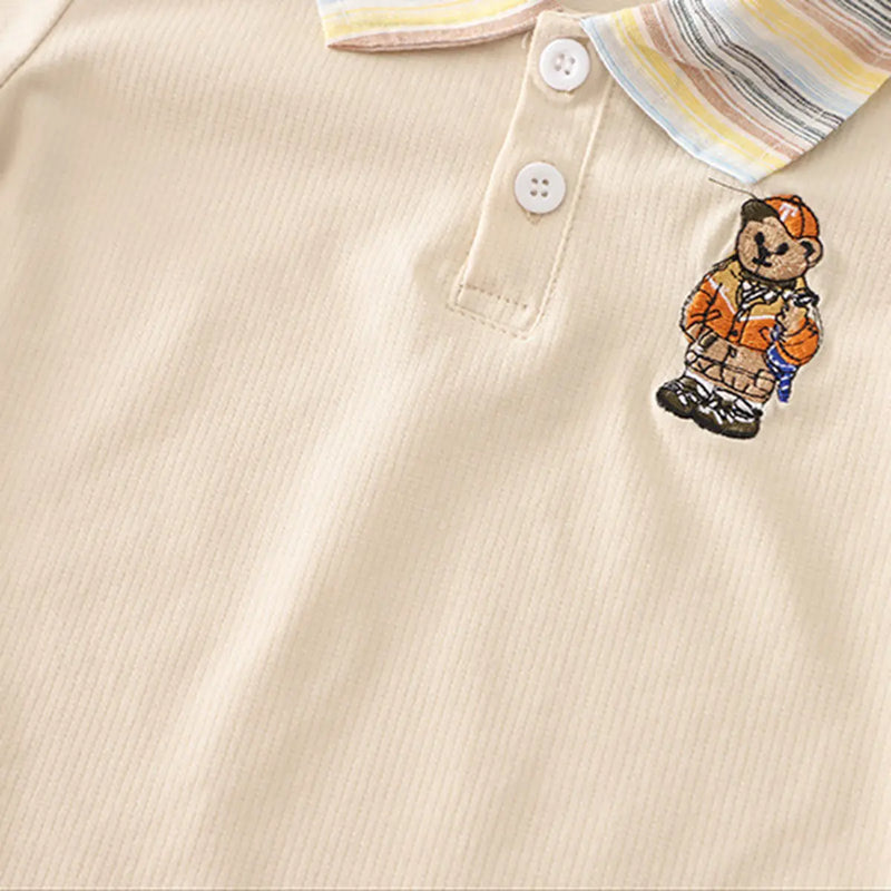 Boys Beige Bear Graphic Polo T-Shirt With Denim Shorts Sets 2 pc. Sets