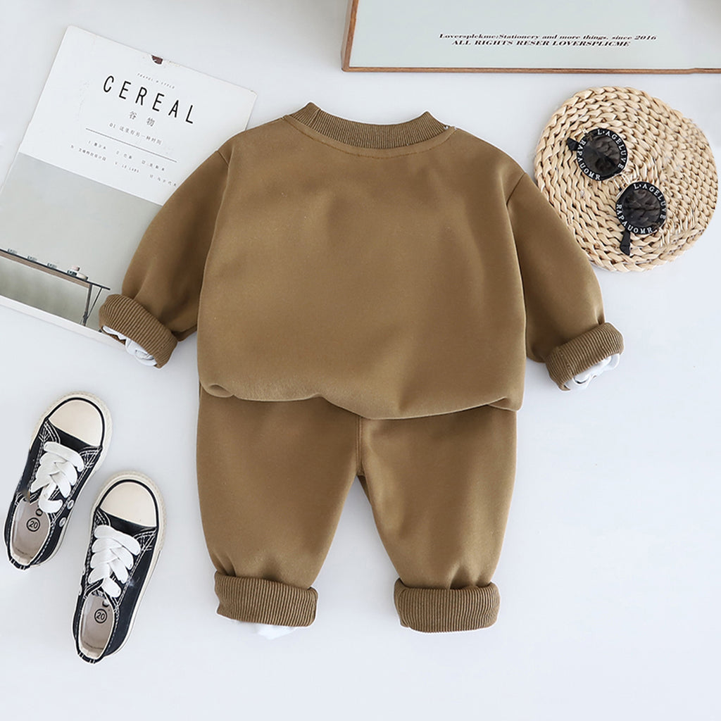 Boys Brown Typographic Embroidered Sweatshirt WIth Pants Set 2 pc. Sets