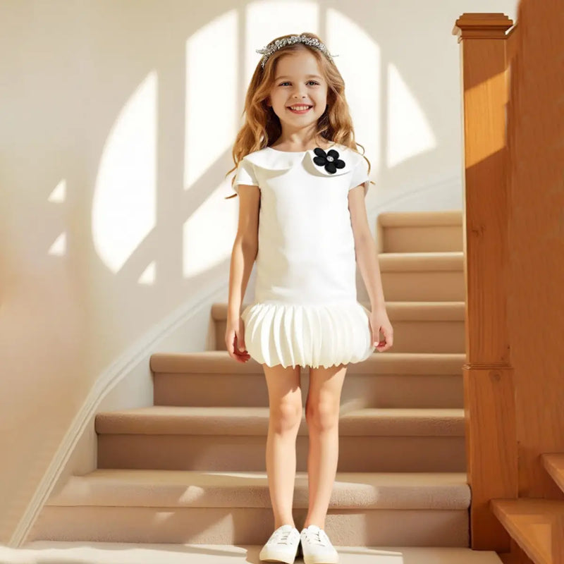Girls White Cap Sleeves A-line Dress With Ruffled Hem Party Dresses