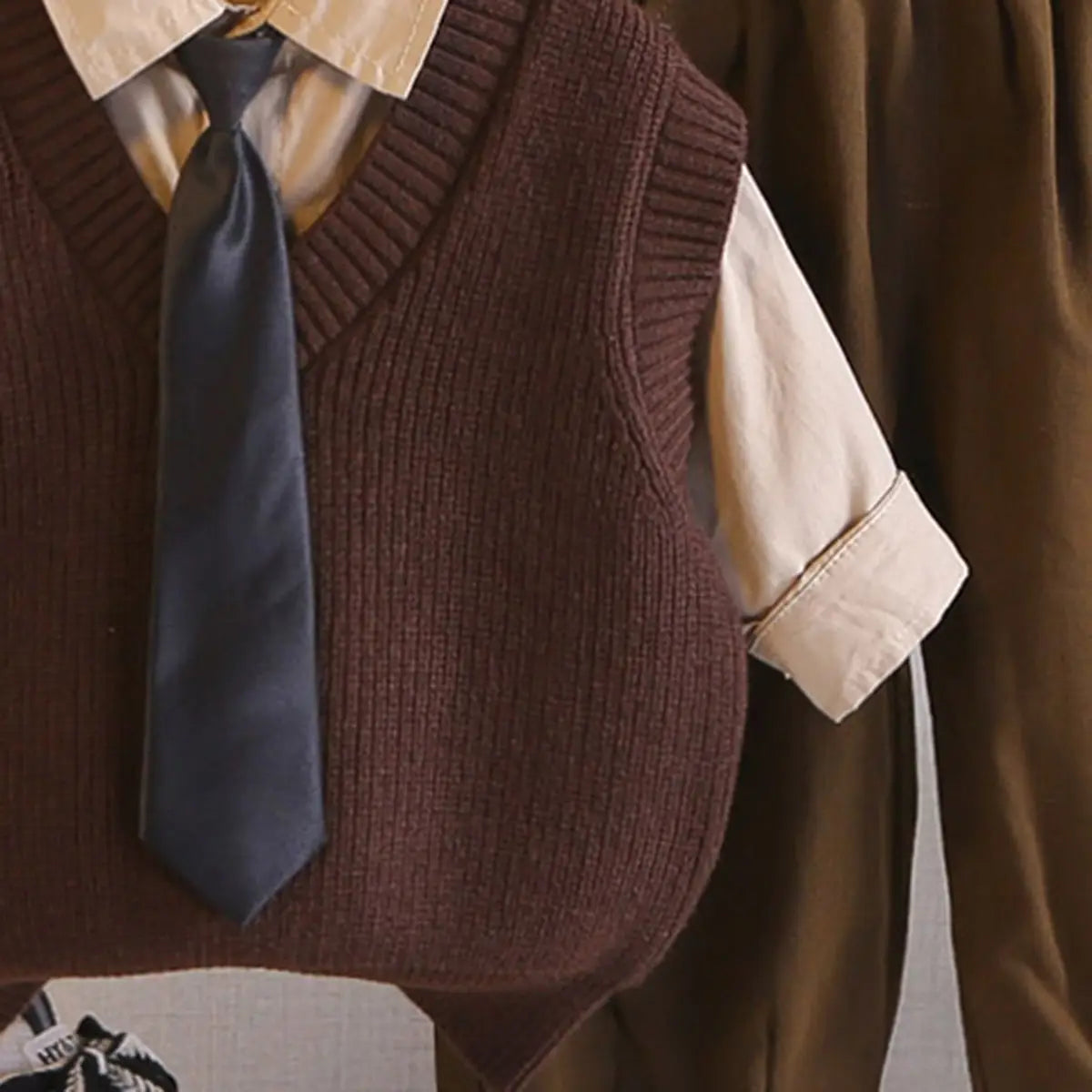 Boys Brown Sweater Vest & Pants With Shirt & Neck-Tie Sets Sets