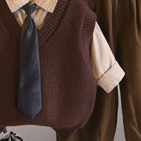 Boys Brown Sweater Vest & Pants With Shirt & Neck-Tie Sets Sets