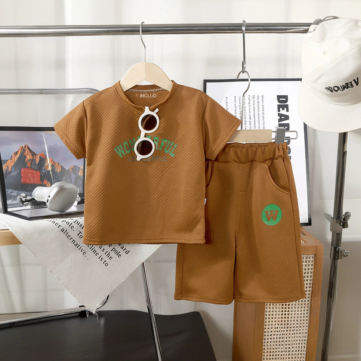 Boys Brown Wonderful Typography Short Sleeve T-Shirt With Shorts Sets 2 pc. Sets Brown 1-2 Y