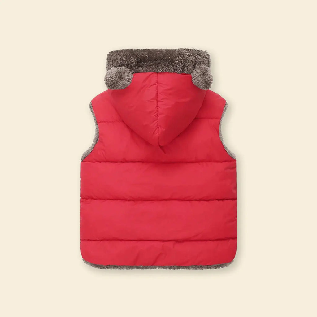 Girls Red Sleeveless Hooded Puffer Vest With Faux-fur Trim Coats & Jackets