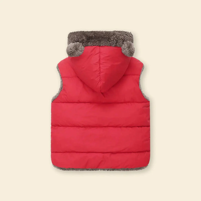 Girls Red Sleeveless Hooded Puffer Vest With Faux-fur Trim Coats & Jackets