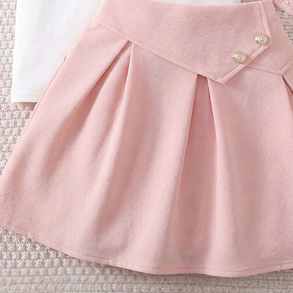 Girls White Bow Print Puff Sleeve T-Shirt With Skirt Sets 2 pc. Sets