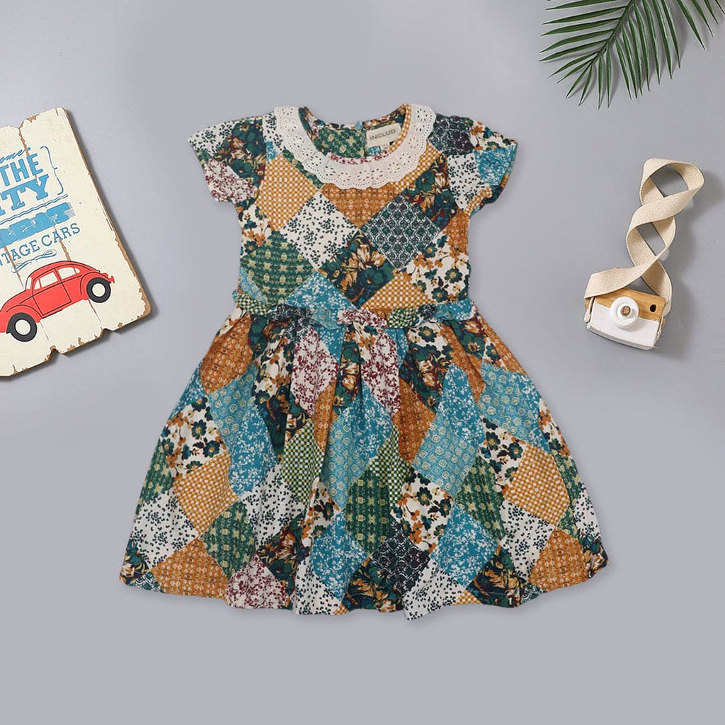 Girls Multicolor Patchwork Print Casual Dress
