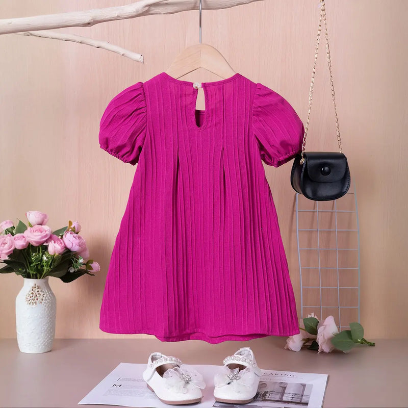 Girls Magenta Stripes A-line Dress With Puff Sleeves Casual Dresses
