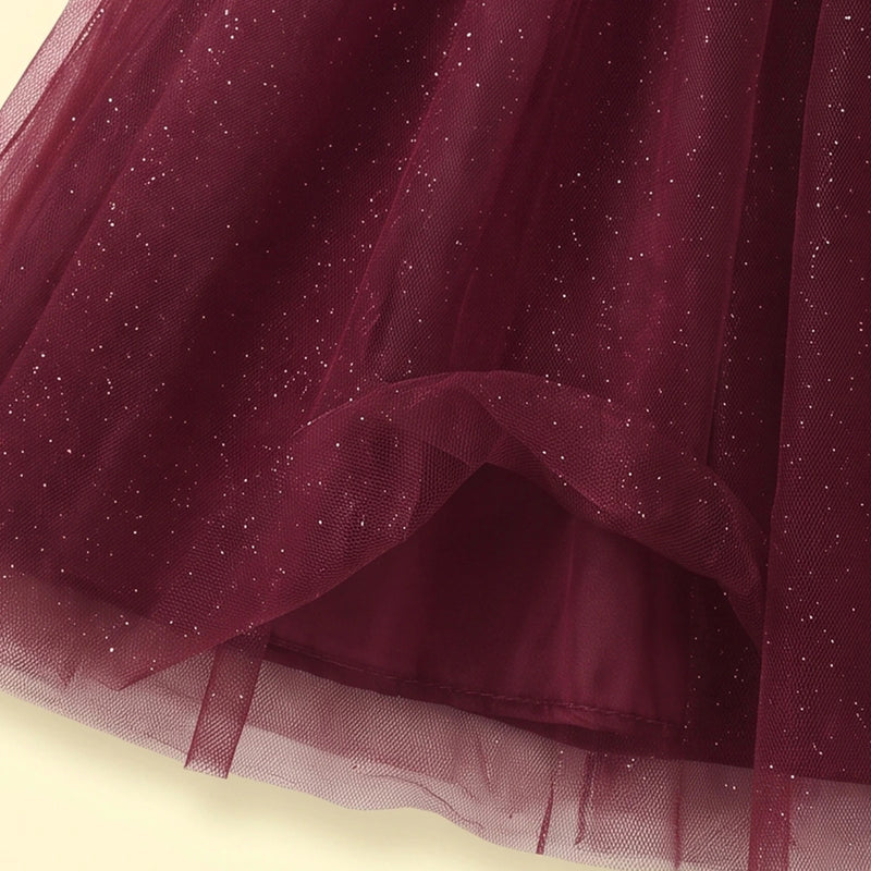 Girls Maroon Glitter Print Sleeveless Party Gown Party Dresses