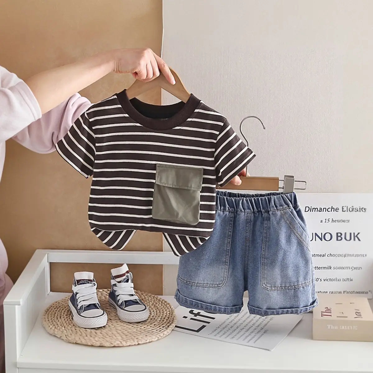 Boys Dark Brown Striped T-Shirt With Denim Shorts Sets Sets Dark Brown 1-2 Y