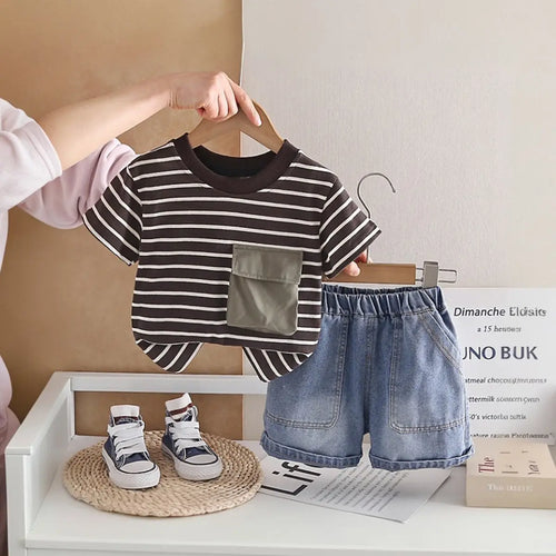 Boys Dark Brown Striped T-Shirt With Denim Shorts Sets Sets Dark Brown 1-2 Y
