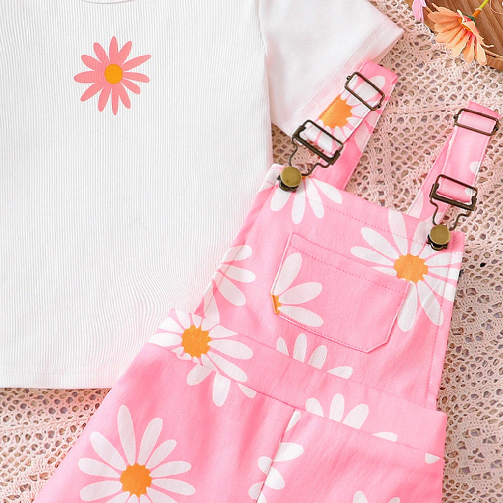 Girls Short Sleeve T-Shirt With Pink Floral Print Dungaree Sets 2 pc. Sets