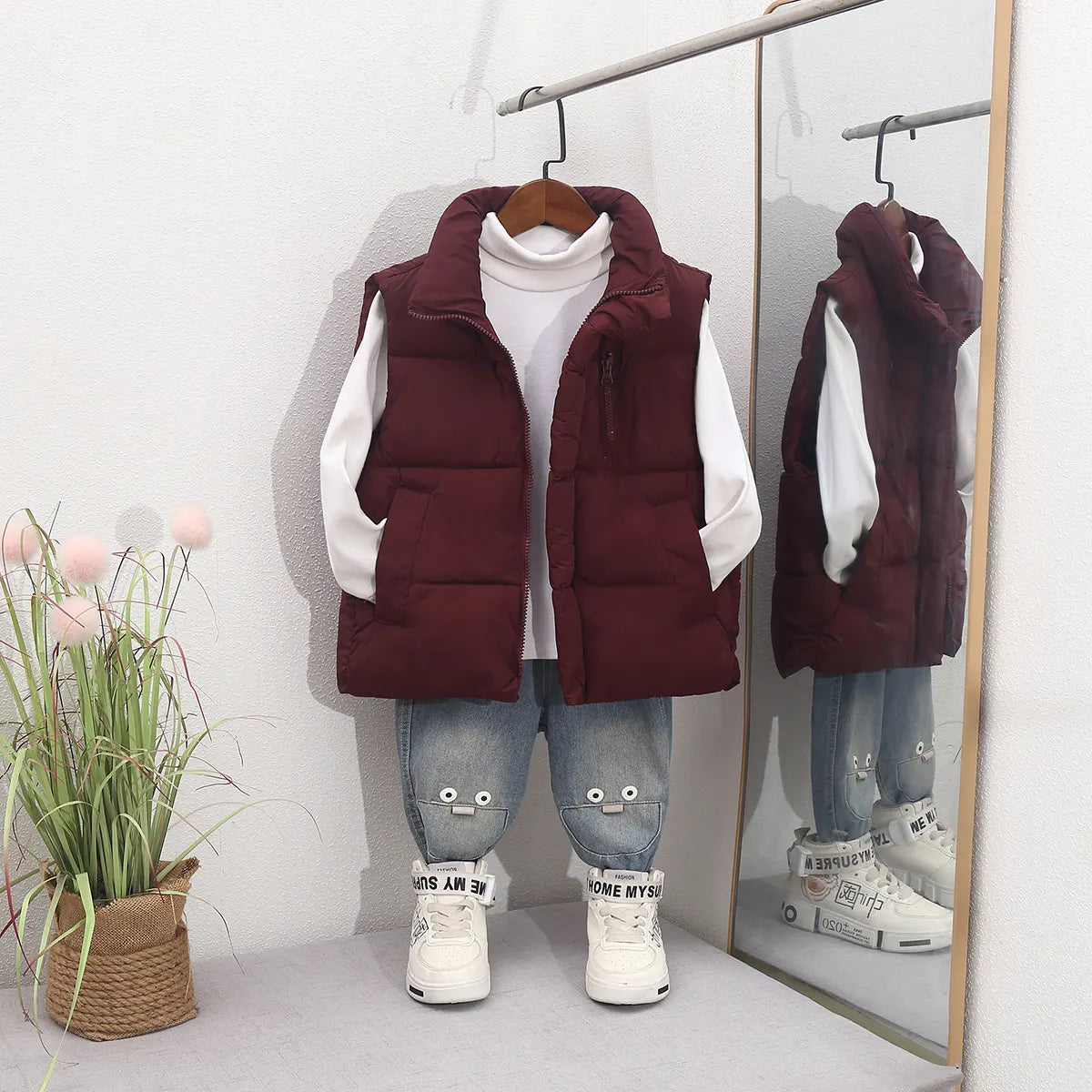 Boys Burgundy Quilted Puffer Zip-up Vest With Stand-up Collar Coats & Jackets burgundy 4-5 Y