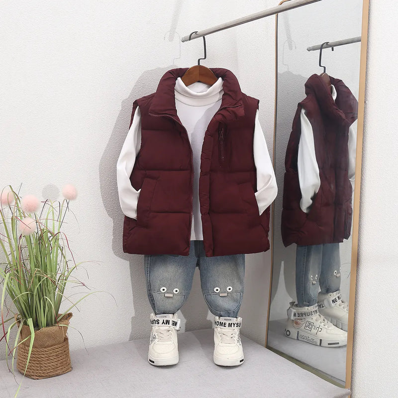 Boys Burgundy Quilted Puffer Zip-up Vest With Stand-up Collar Coats & Jackets burgundy 4-5 Y