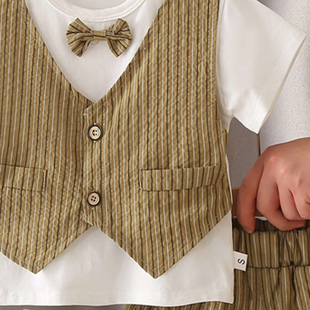 Boys Olive Green Striped Shorts with Short Sleeves T-shirt with attached Waistcoat Set Sets
