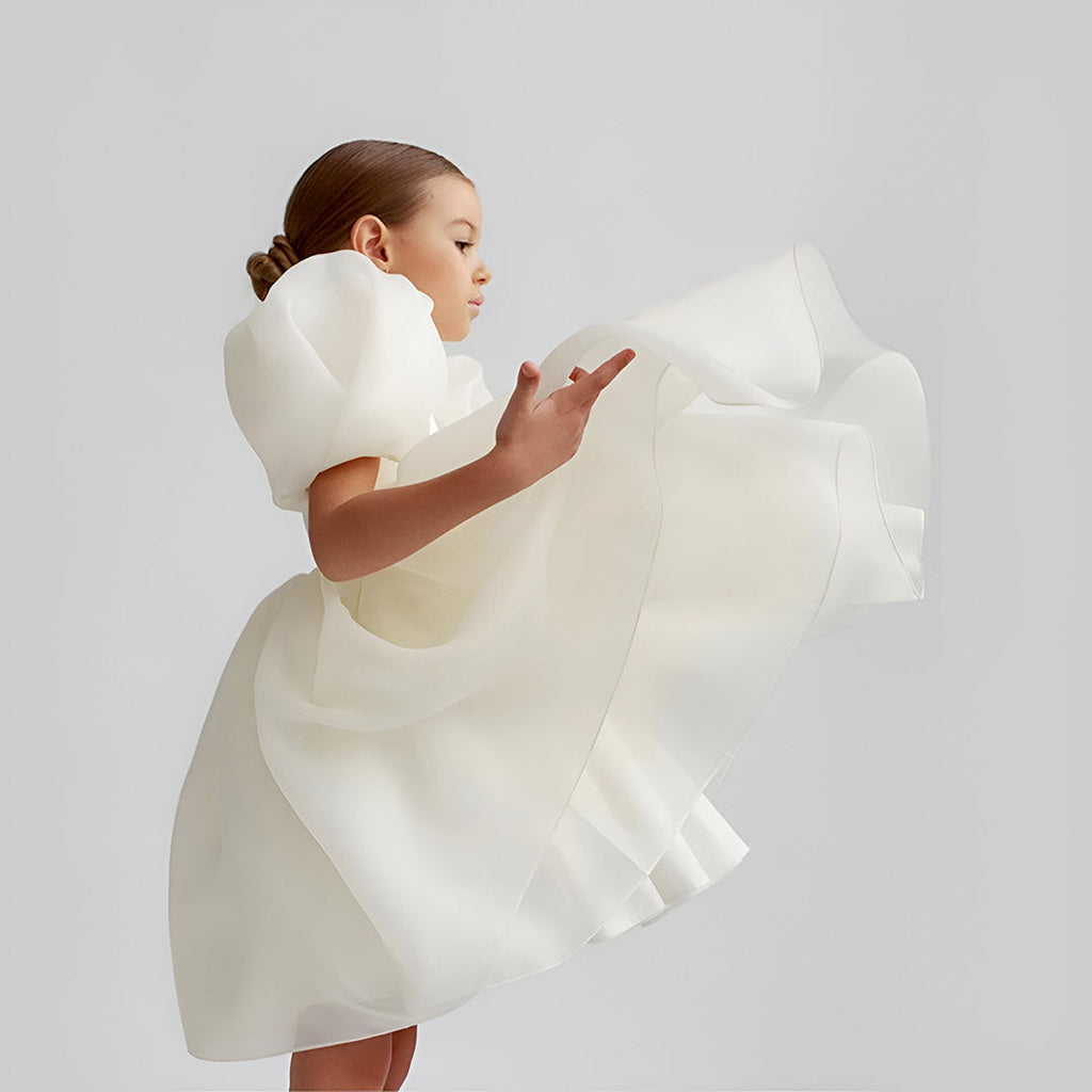 Girls White Puff Sleeves Fit & Flare Dress Party Dresses   